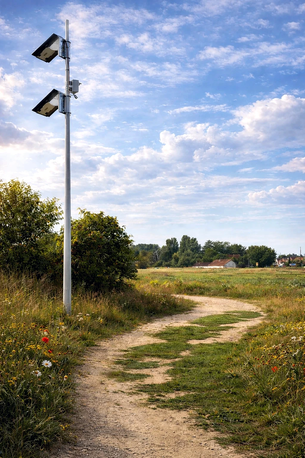 Mât équipé de panneaux solaires et d'une caméra TERRICAM au bord d'un chemin rural